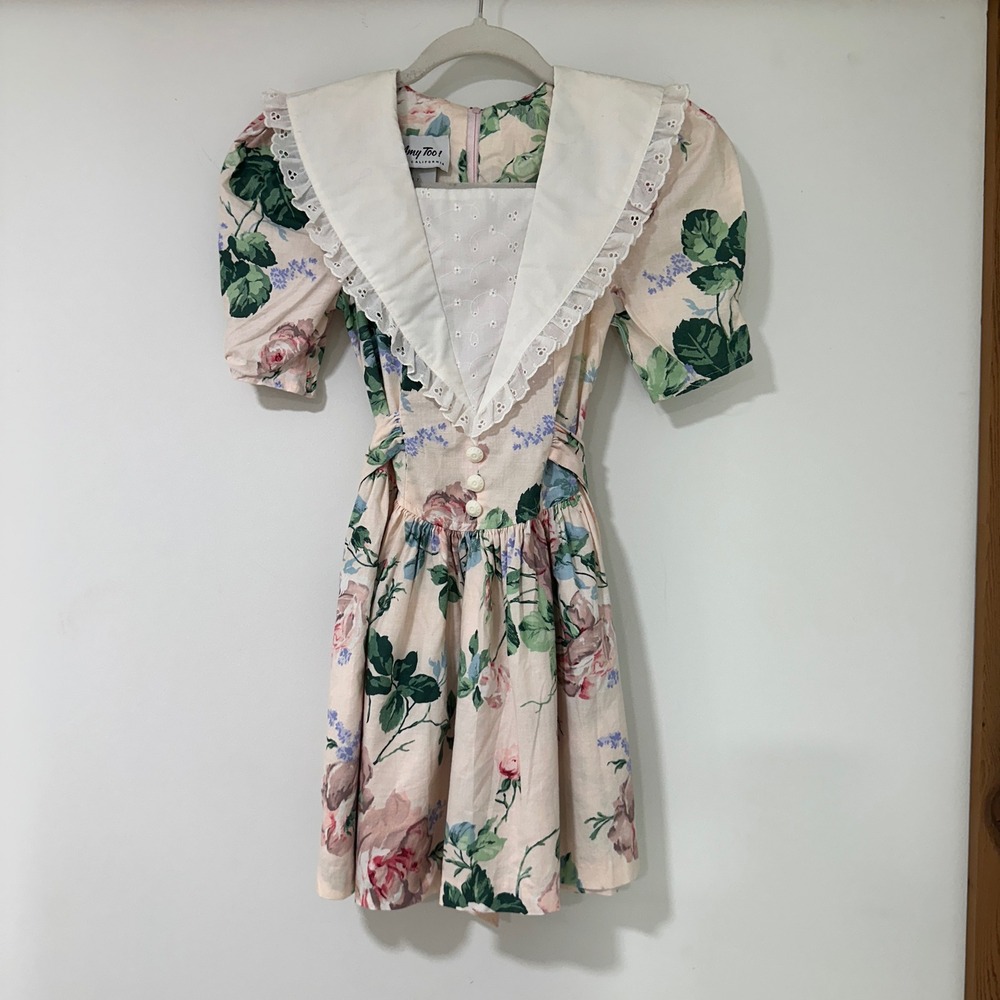 Vintage Amy Too Byer Girls 7 Floral Dress Pink Sailor Collar Lace USA Made